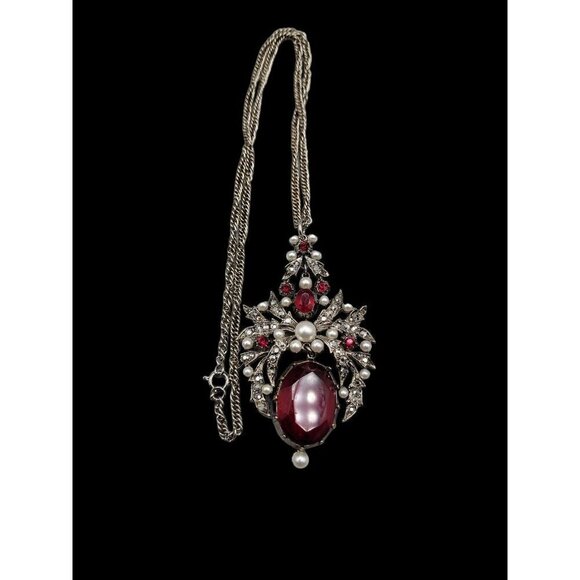 ART Jewelry Set Red Black Rhinestones Faux Pearl 22" Necklace & CIip On Earrings - Picture 15 of 16